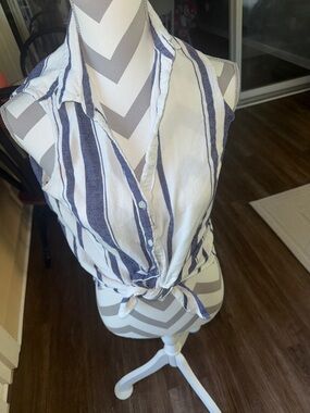 Thread & Supply Blue and White Striped Tie-Front Sleeveless Top
